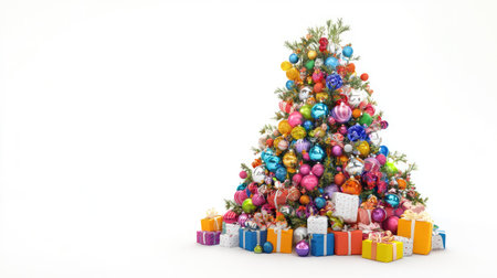 New Year celebration with a Christmas tree full of colorful ornaments and a pile of wrapped gifts underneath, all isolated against a white background.の素材
