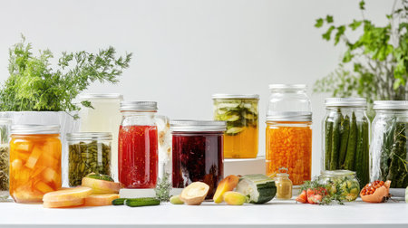 Various preserves like jams, honey, pickled vegetables, and fruit compotes in glass jars, displayed on a white surface, highlighting the diversity of preserved foods.の素材
