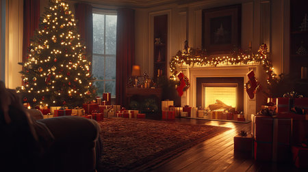 Inside a magical Christmas living room, with a glowing tree, flickering fireplace, and beautifully wrapped gifts, radiating warmth and holiday spirit.の素材