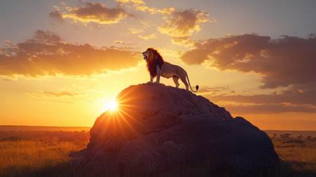 The iconic Serengeti landscape at sunrise, with a lion roaring atop a rock formation as the sun emerges.の素材