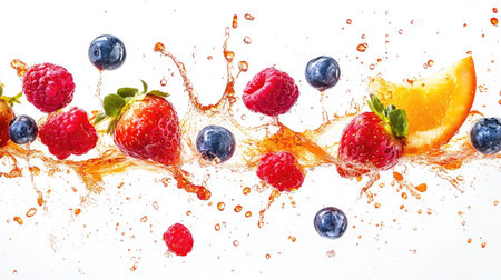 A mix of berries with juice splashing, against a white background, highlighting the burst of freshness.の素材