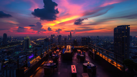 Aerial shot from a rooftop bar in Bangkok, featuring the cityscape of Lumpini area with a dramatic sunset sky.の素材