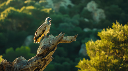 A young Egyptian vulture perched on a weathered tree branch, with the lush greenery of Monfrag National Park in the background.の素材