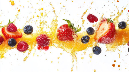 Assorted berries and juice splashes, against a white background, showcasing the juiciness and vibrancy.の素材