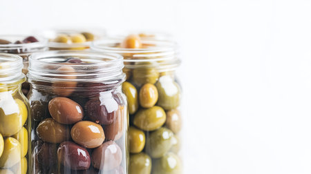Several glass jars filled with assorted pickled olives, placed against a clean white background, emphasizing the variety and freshness of preserved olives.の素材
