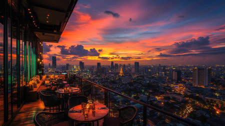 Aerial view of Bangkok cityscape from a rooftop bar, capturing the sunset sky over Lumpini area, with vibrant city lights.の素材