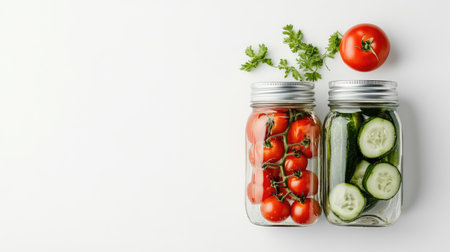 Two glass jars with pickled cucumbers and tomatoes, isolated on a white background, showcasing the beauty of homemade preserved vegetables.の素材