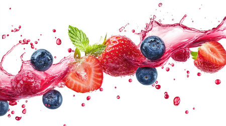 A medley of berries and splashing juice, isolated on white, creating a lively and refreshing image. -の素材