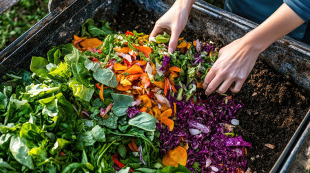 Top-down view of colorful salad scraps being tossed into a compost bin by a woman's hands in a clean indoor kitchen.の素材