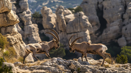 Two male ibexes battling fiercely on the rocky slopes of El Torcal, Antequera, with the striking limestone formations in the distance.の素材