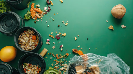 Top view of trash containers for food waste, a full garbage bag, and small food scraps scattered on the floor, against a green wall.の素材