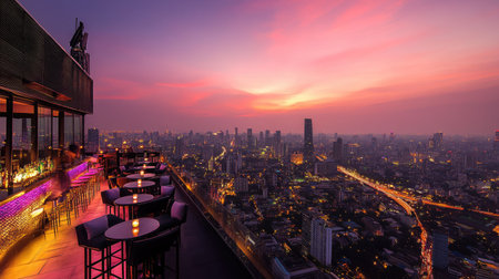 Aerial view of Bangkok cityscape from a rooftop bar, with sunset hues and the illuminated Lumpini area.の素材
