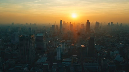 Aerial shot of Bangkok from a rooftop bar, capturing the sunset over Lumpini area and the sprawling cityscape.の素材