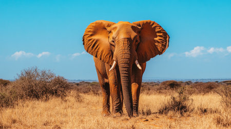 A large bull elephant in Tsavo East National Park, Kenya, walking through the savannah under a clear blue sky.の素材
