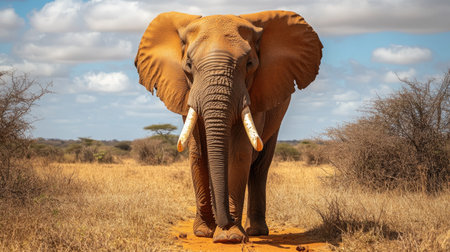 A bull elephant in Tsavo West National Park, Kenya, showcasing its impressive tusks and powerful build in the wild setting.の素材