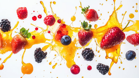 Assorted berries and juice splashes, against a white background, showcasing the juiciness and vibrancy.の素材