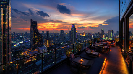 Aerial view of Bangkok cityscape from a rooftop bar, with sunset hues and the illuminated Lumpini area.の素材