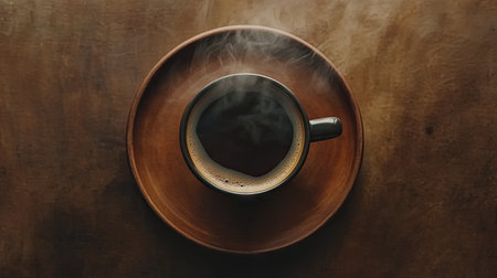 Aerial shot of a steaming coffee cup on a brown plate, with emphasis on the rich coffee color and the soothing warmth.の素材