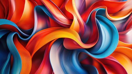 Abstract 3D ribbons in vivid red, orange, and blue colors, flowing and twisting in a dynamic pattern.の素材