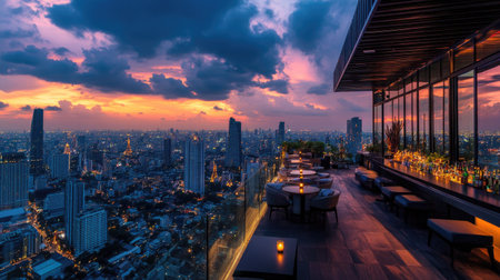 Aerial view of Bangkok cityscape from a rooftop bar, with sunset hues and the illuminated Lumpini area.の素材