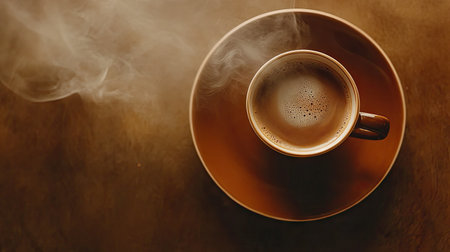 Aerial shot of a steaming coffee cup on a brown plate, with emphasis on the rich coffee color and the soothing warmth.の素材