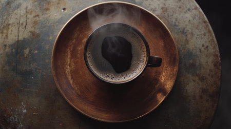 Aerial shot of a steaming coffee cup on a brown plate, emphasizing the rich, dark tones and the cozy feel of the drink.の素材