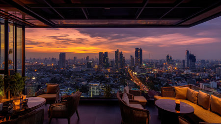Aerial view of Bangkok from a rooftop bar during sunset, showcasing the cityscape and Lumpini area's skyline.の素材