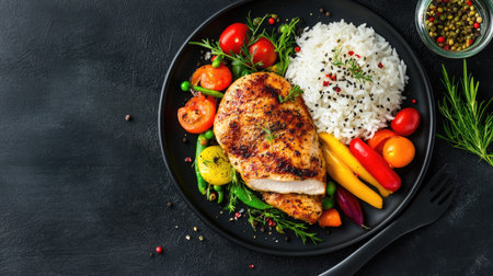 Baked chicken fillet, rice, and vibrant vegetables on a black plate, top view with free copy space. -の素材