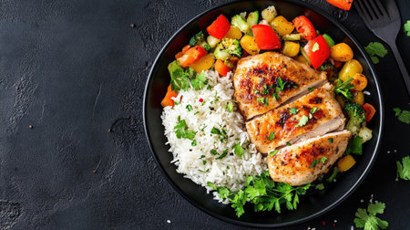 Black plate with baked chicken fillet, rice, and vegetables, top view, ample space for text. --ar 16:9の素材
