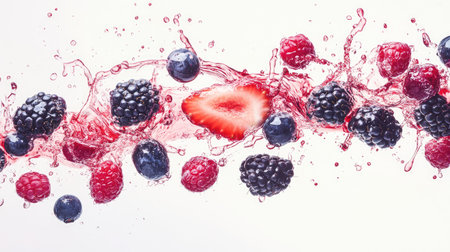 Berries and juice splashes, set against a white background, highlighting the freshness and juiciness.の素材