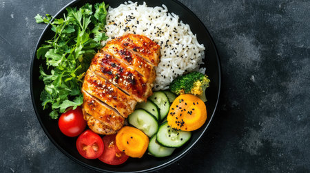 Black plate featuring baked chicken fillet, rice, and vegetables, top view, ample space for text. --ar 16:9の素材