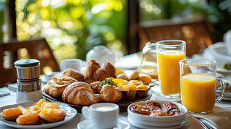 Breakfast in a luxury hotel with a variety of fresh bakery items, orange juice, eggs, and gourmet morning plates.の素材
