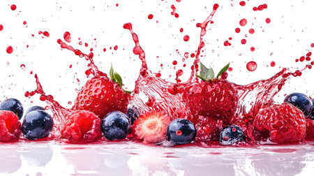Berries with splashing juice on a white background, capturing the fresh and juicy nature of the fruits.の素材