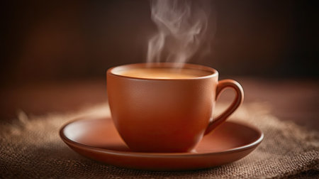 Close-up high-angle shot of a steaming coffee cup on a brown plate, perfect for showcasing the warmth and rich color.の素材
