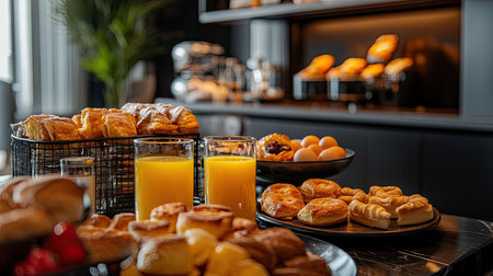 Breakfast in a modern luxury hotel: table full of fresh pastries, orange juice, eggs, and a variety of morning delights.の素材