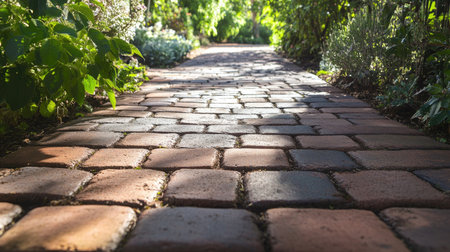 Brick block paving on a garden path, illustrating the natural and structured look of the paver floor.の素材