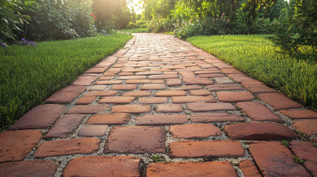 Brick block paving on a garden path, illustrating the natural and structured appearance of the paver floor.の素材