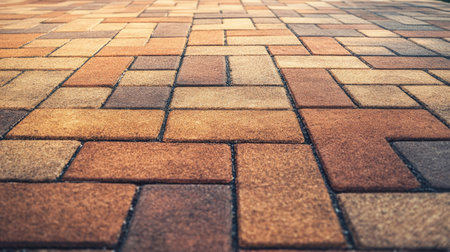 Brick block paving an empty walkway, emphasizing the clean and organized look of the paver floor.の素材