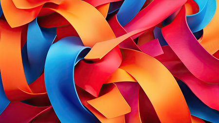 Bright red, orange, and blue ribbons in an abstract 3D design, creating a vibrant and lively background. -の素材