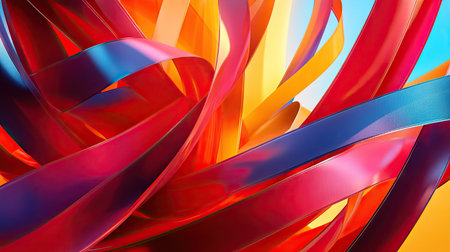 Bright red, orange, and blue ribbons in an abstract 3D design, creating a lively and energetic background.の素材