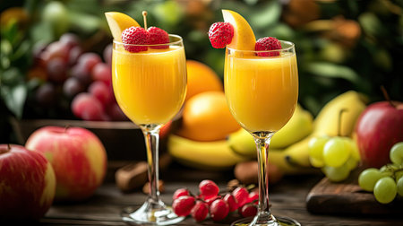 Close-up of two cocktail glasses filled with apple and multivitamin juices, garnished with fresh fruits.の素材