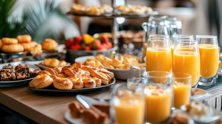 Breakfast in a luxury hotel: elegant buffet with fresh pastries, glasses of orange juice, eggs, and an array of morning dishes.の素材