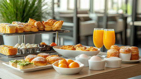 Breakfast in a modern luxury hotel: table full of fresh pastries, orange juice, eggs, and a variety of morning delights.の素材