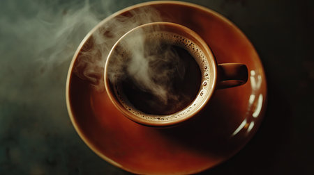 Close-up aerial shot of a steaming coffee cup on a brown plate, showcasing the warmth and texture of the drink.の素材