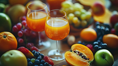 Close-up of cocktail glasses with apple and multivitamin juices, surrounded by fresh ripe fruits on a table.の素材