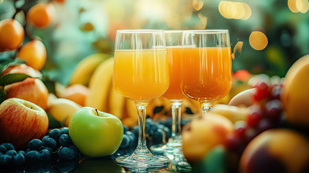 Close-up of cocktail glasses with apple and multivitamin juices, surrounded by fresh ripe fruits on a table.の素材