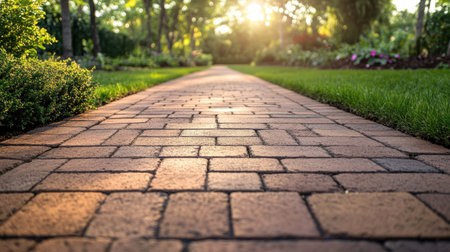 Brick block paving on a garden path, illustrating the natural and structured appearance of the paver floor.の素材