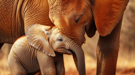 Close-up of a baby elephant and its mother in Tsavo East National Park, showcasing the bond between the young and adult elephants. 38b33dac8e7fの素材