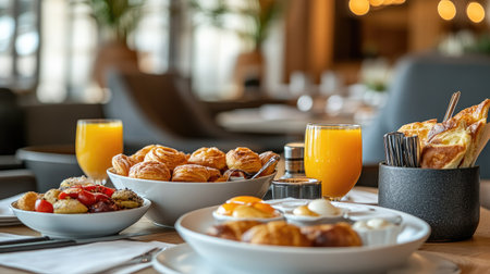 Breakfast in a modern luxury hotel: table full of fresh pastries, orange juice, eggs, and a variety of morning delights.の素材