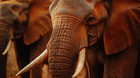 Close-up of an elephant herd in Tsavo East National Park, showing the details of their skin and tusks in the wild setting.の素材